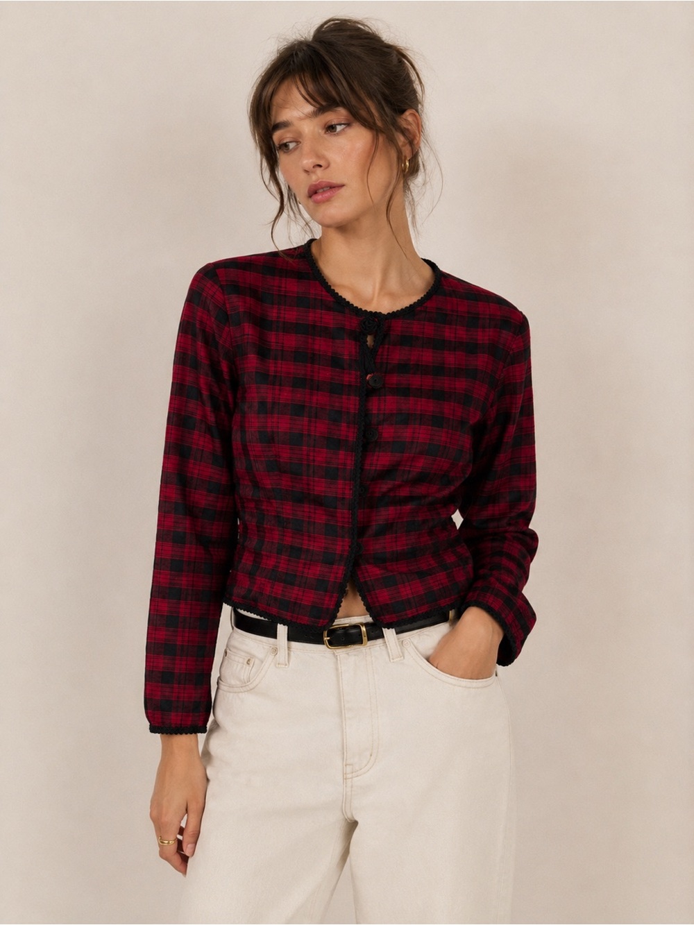 Vintage Maggy London Red and Black Tartan Plaid 100% Silk Cropped Blazer Size 8